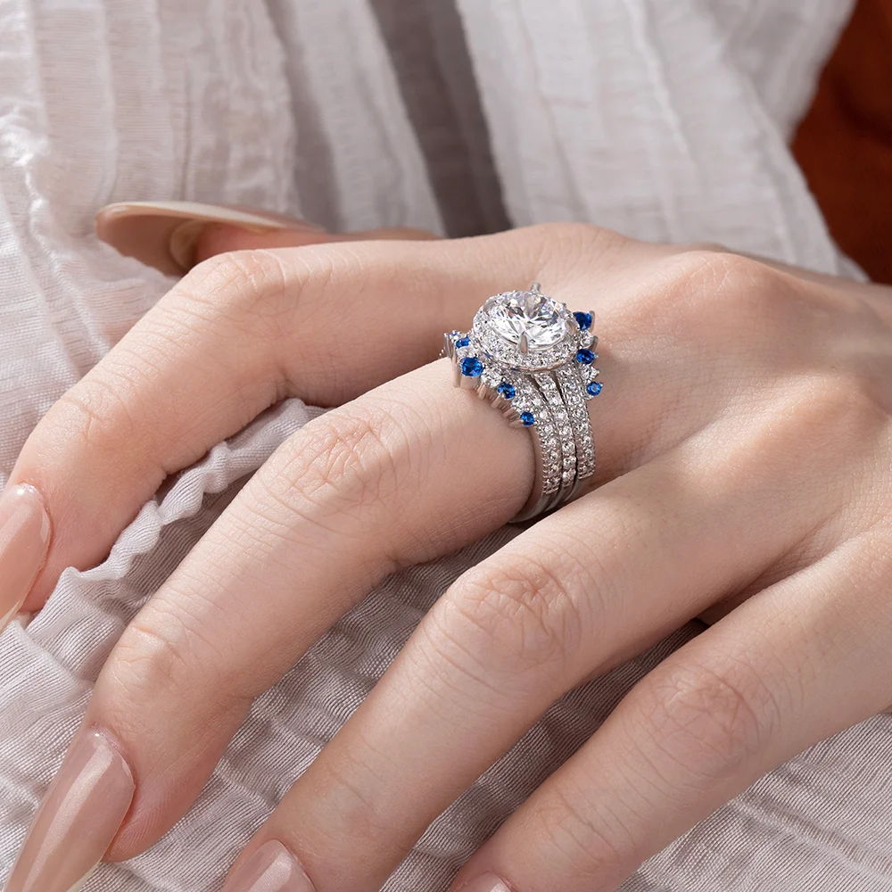 Round Cut Diamond White Insert Sterling Silver Halo Jacket Bridal Sets