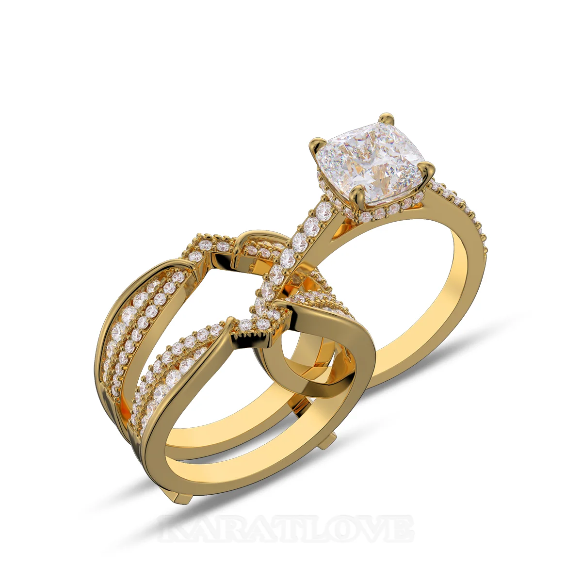 Cushion Cut Diamond White Insert Sterling Silver Yellow Gold Hidden Halo Jacket Bridal Sets