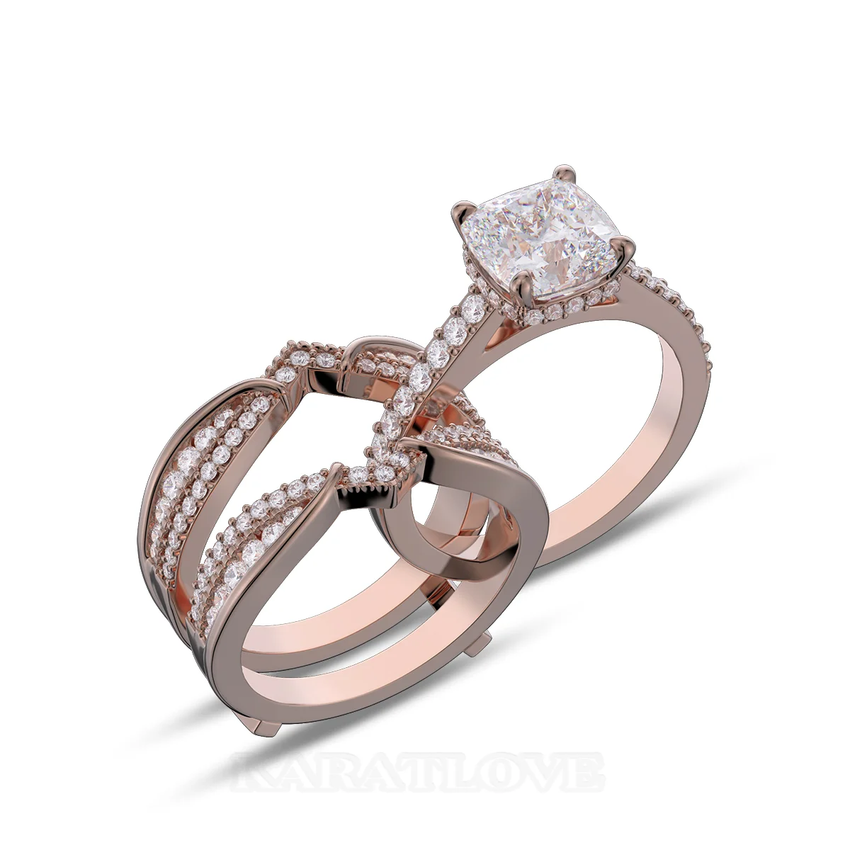 Cushion Cut Diamond White Insert Sterling Silver Rose Gold Hidden Halo Jacket Bridal Sets