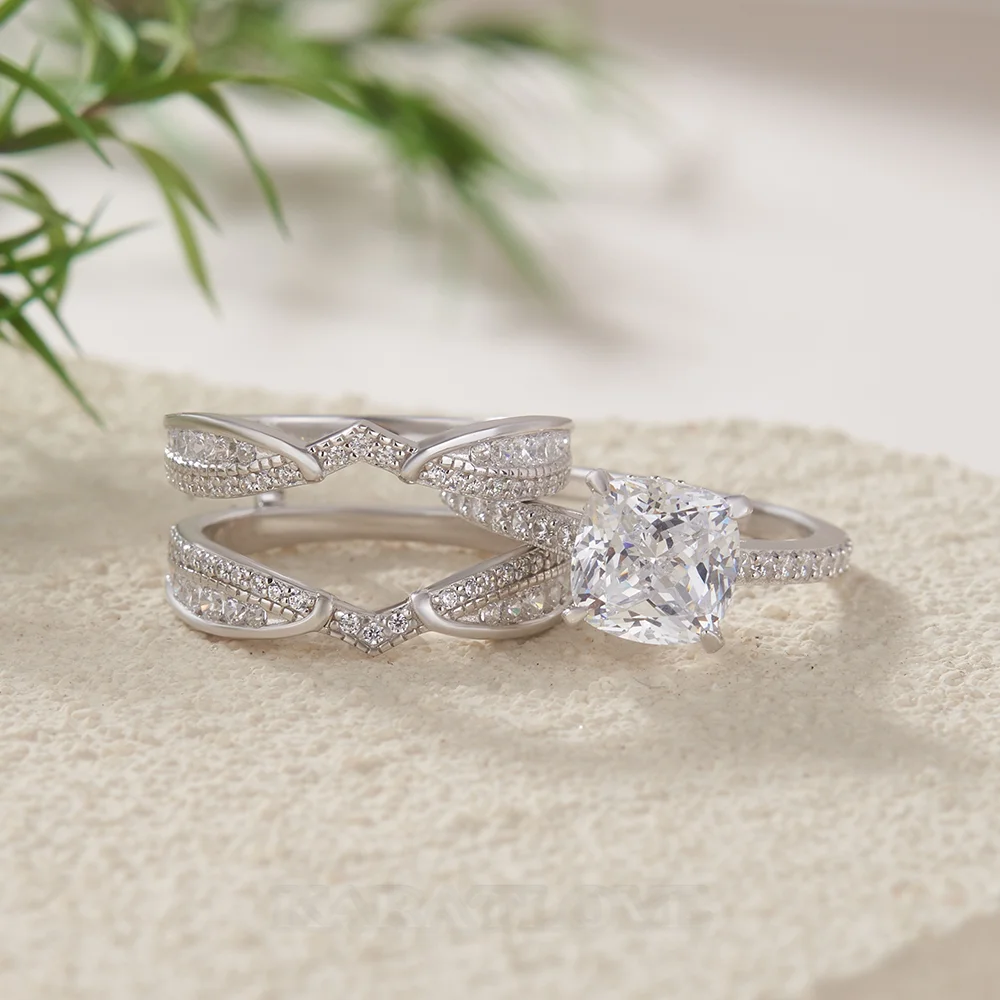 Cushion Cut Diamond White Insert Sterling Silver Hidden Halo Jacket Bridal Sets