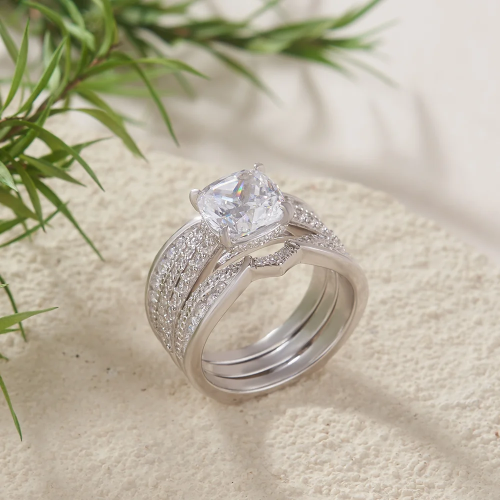 Cushion Cut Diamond White Insert Sterling Silver Hidden Halo Jacket Bridal Sets