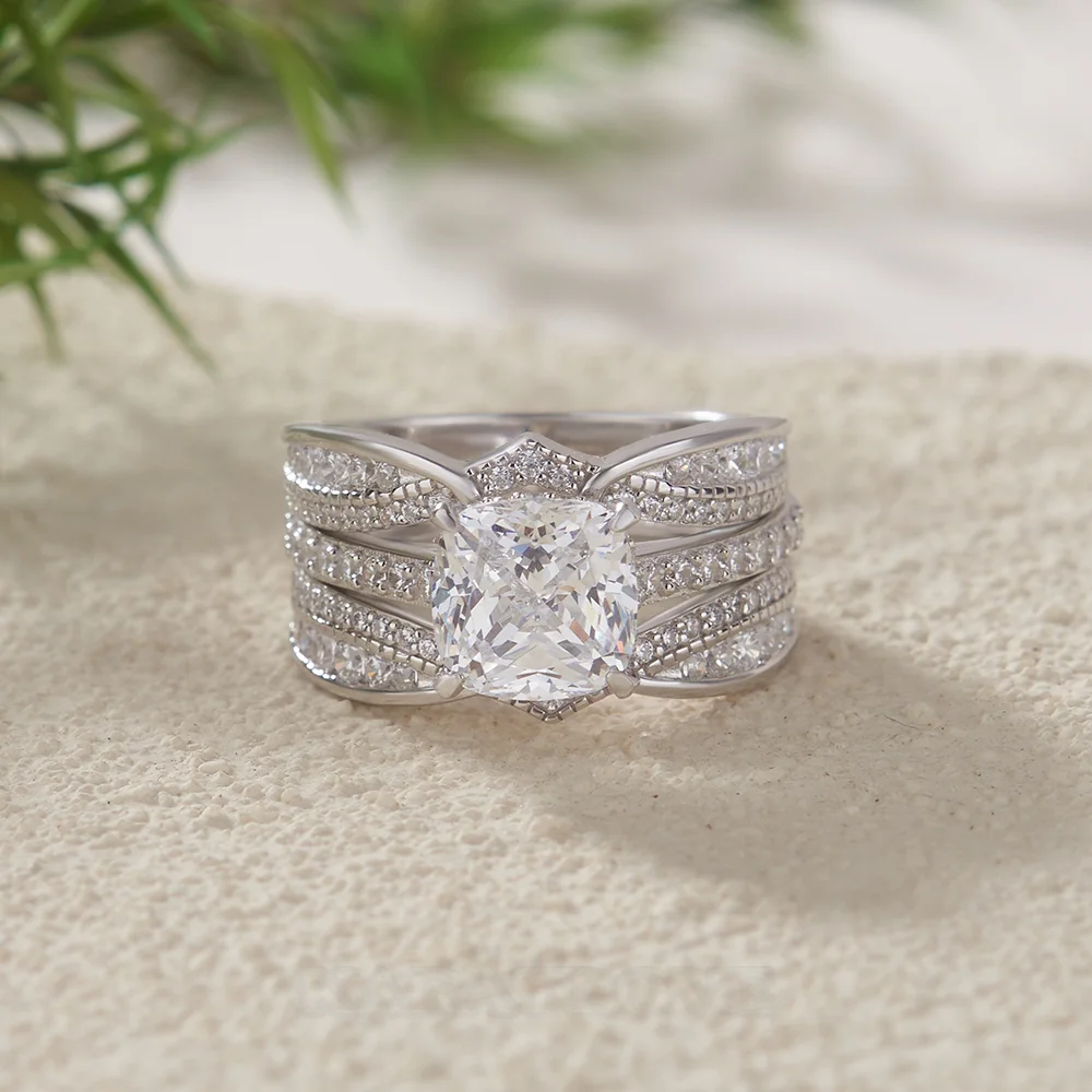 Cushion Cut Diamond White Insert Sterling Silver Hidden Halo Jacket Bridal Sets