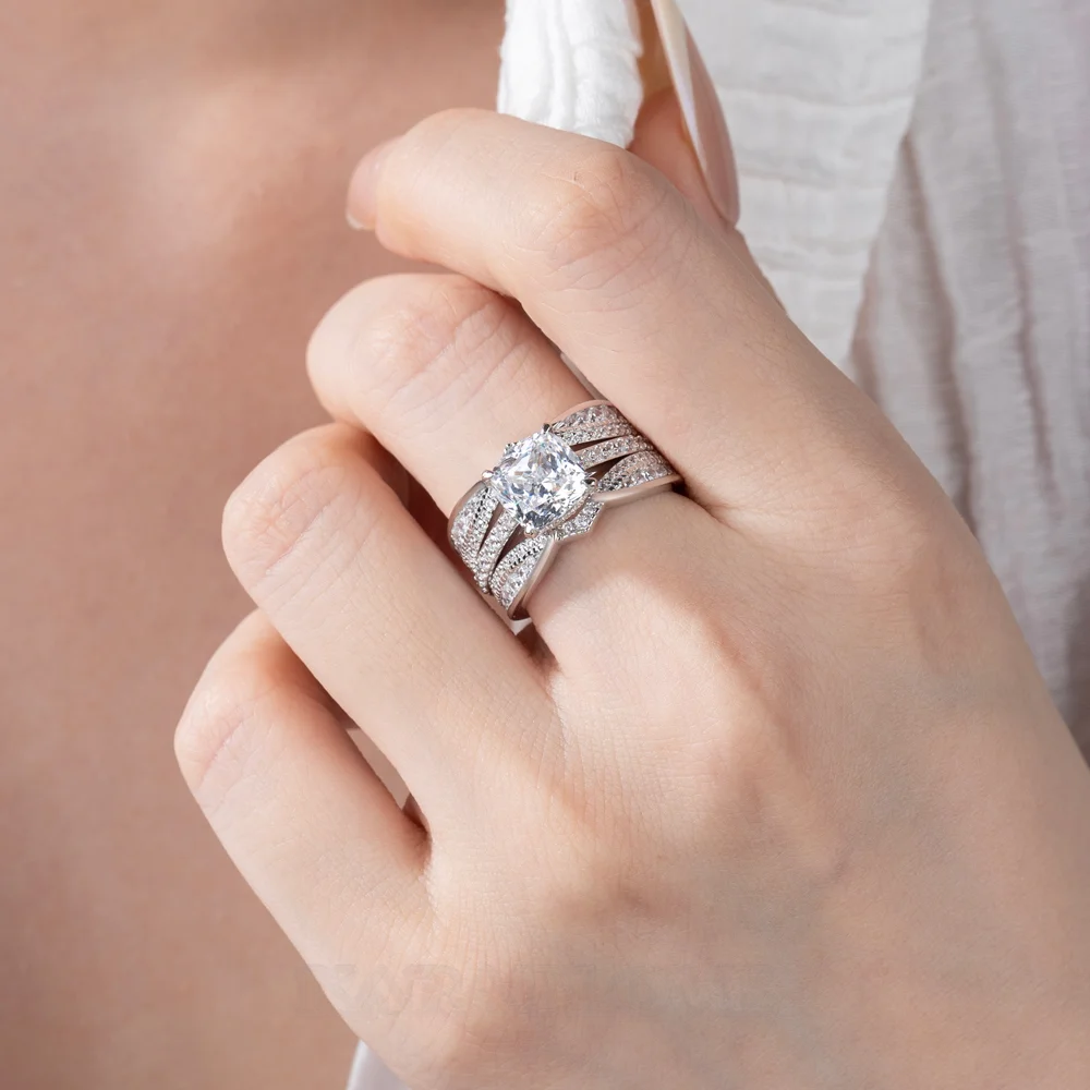 Cushion Cut Diamond White Insert Sterling Silver Hidden Halo Jacket Bridal Sets