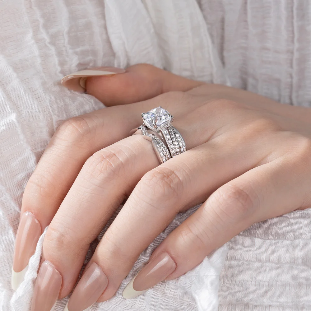 Cushion Cut Diamond White Insert Sterling Silver Hidden Halo Jacket Bridal Sets