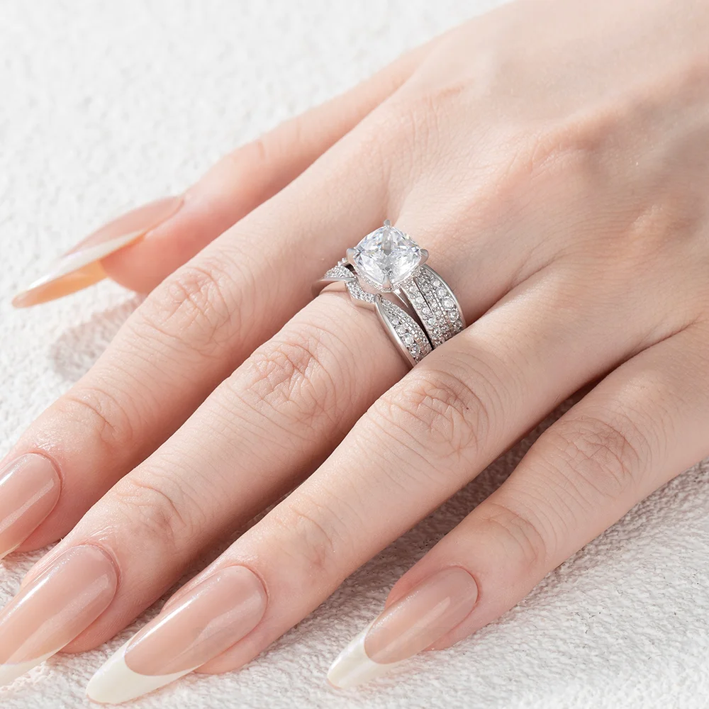 Cushion Cut Diamond White Insert Sterling Silver Hidden Halo Jacket Bridal Sets