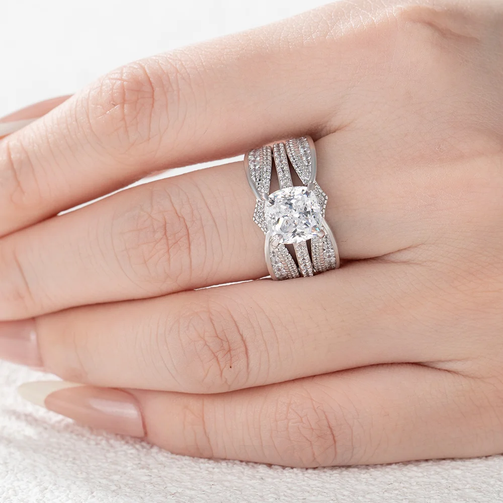 Cushion Cut Diamond White Insert Sterling Silver Hidden Halo Jacket Bridal Sets