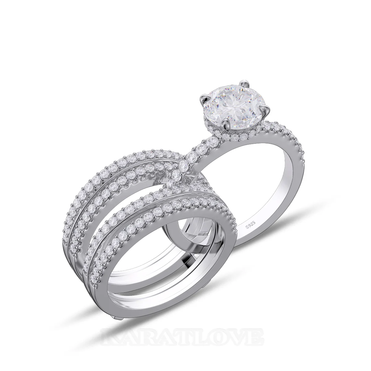 Round Cut Diamond White Insert Sterling Silver Hidden Halo Jacket Bridal Sets