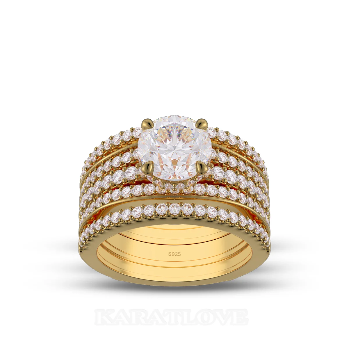 Round Cut Diamond White Insert Sterling Silver Yellow Gold Hidden Halo Jacket Bridal Sets