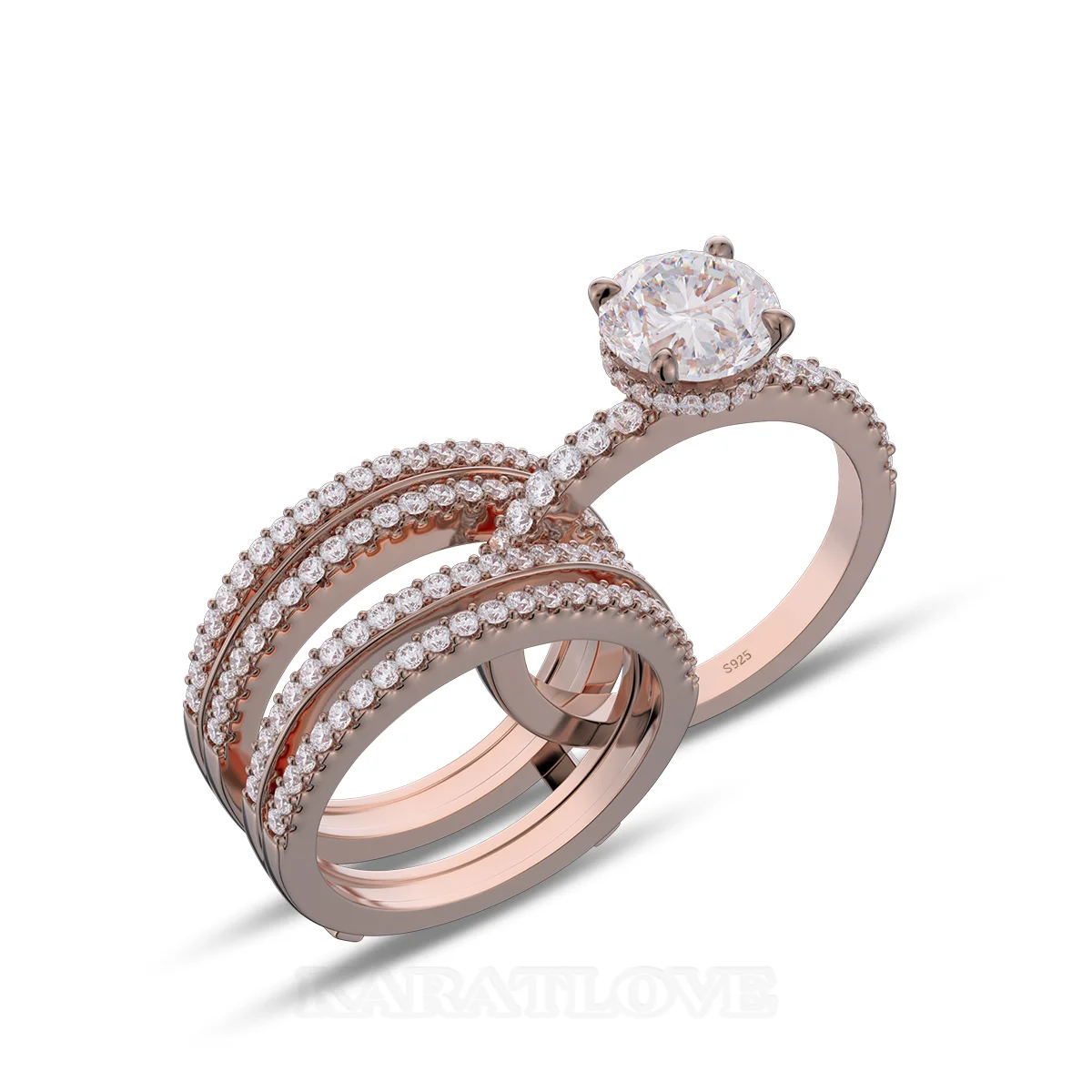 Round Cut Diamond White Insert Sterling Silver Rose Gold Hidden Halo Jacket Bridal Sets