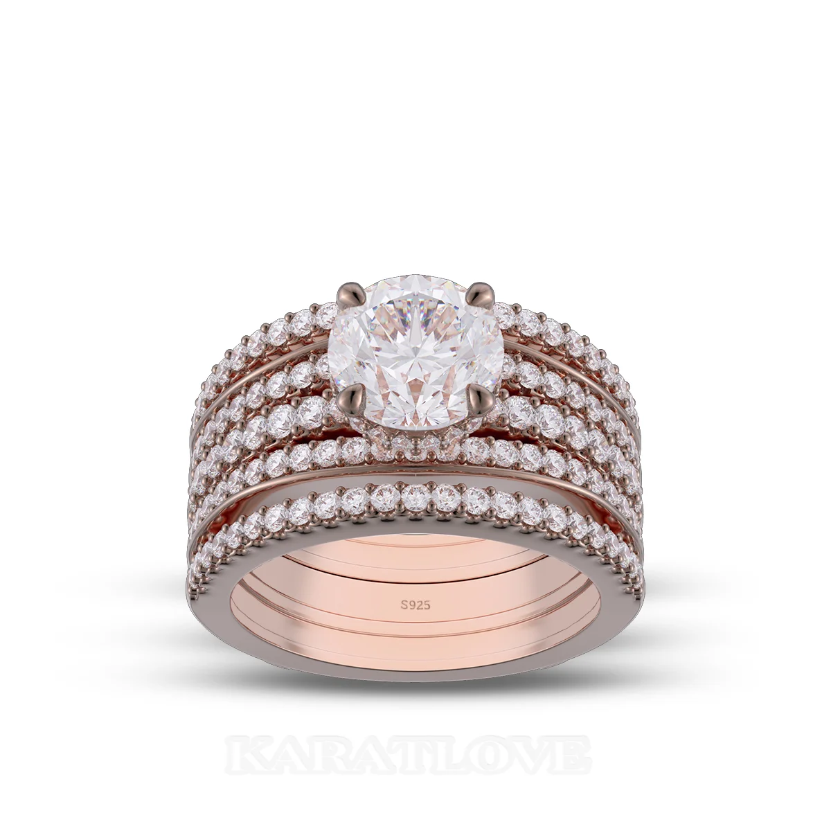 Round Cut Diamond White Insert Sterling Silver Rose Gold Hidden Halo Jacket Bridal Sets