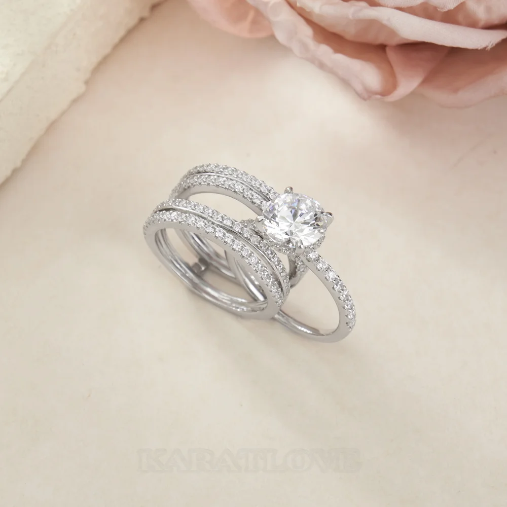 Round Cut Diamond White Insert Sterling Silver Hidden Halo Jacket Bridal Sets