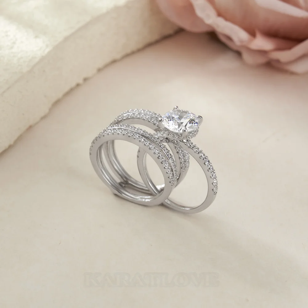 Round Cut Diamond White Insert Sterling Silver Hidden Halo Jacket Bridal Sets