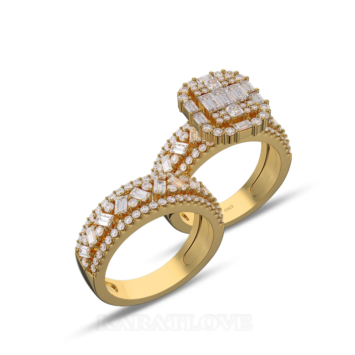 Emerald Cut Diamond White Sterling Silver Yellow Gold Bridal Sets