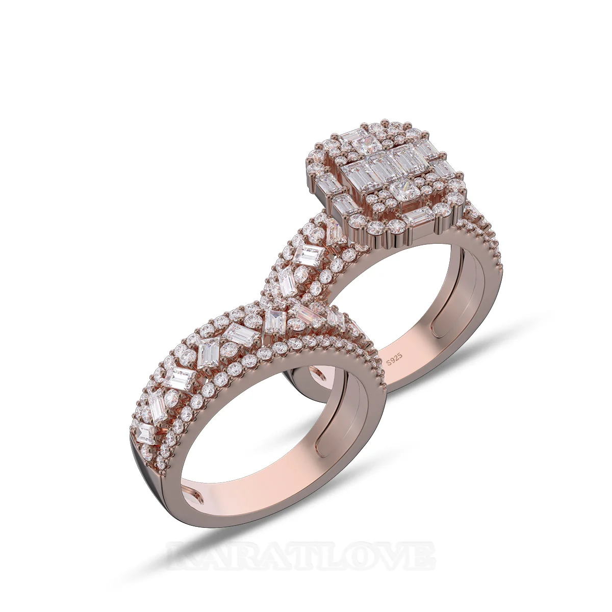 Emerald Cut Diamond White Sterling Silver Rose Gold Bridal Sets