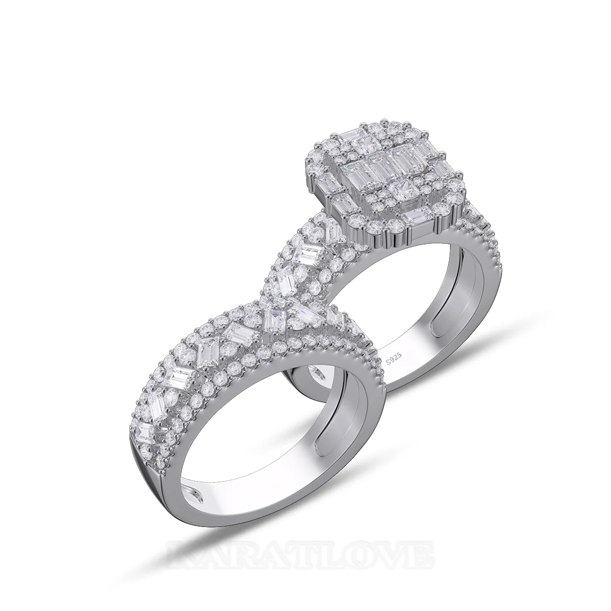 Emerald Cut Diamond White Sterling Silver Bridal Sets