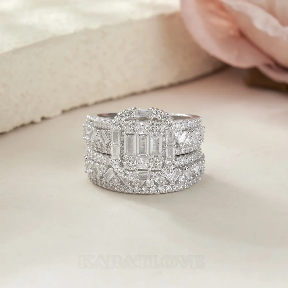 Emerald Cut Diamond White Sterling Silver Bridal Sets
