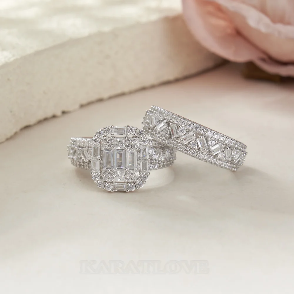 Emerald Cut Diamond White Sterling Silver Bridal Sets