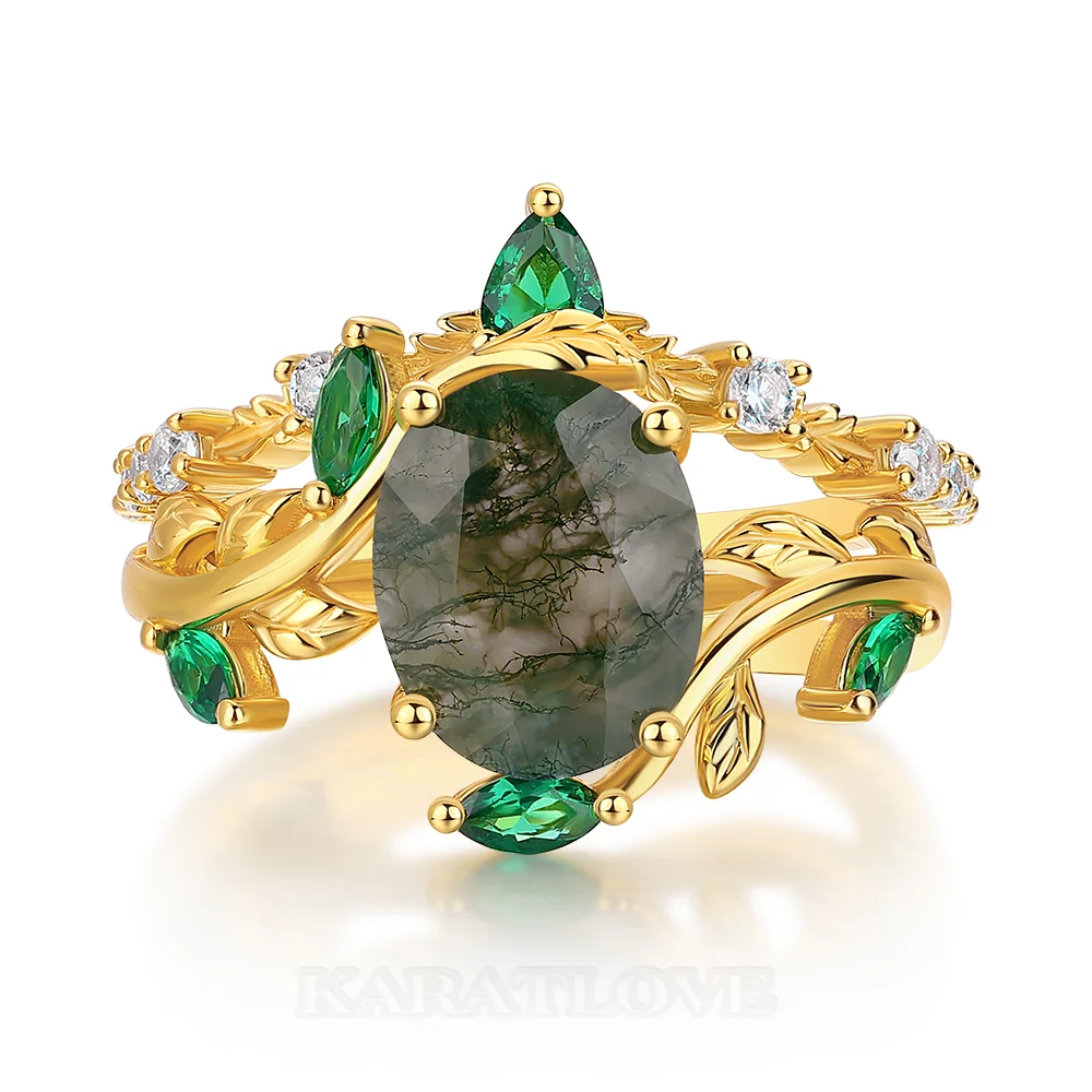 Oval Cut Green Moss Agate Nature Inspired Sterling Silver Yellow Gold Bridal Ring Set