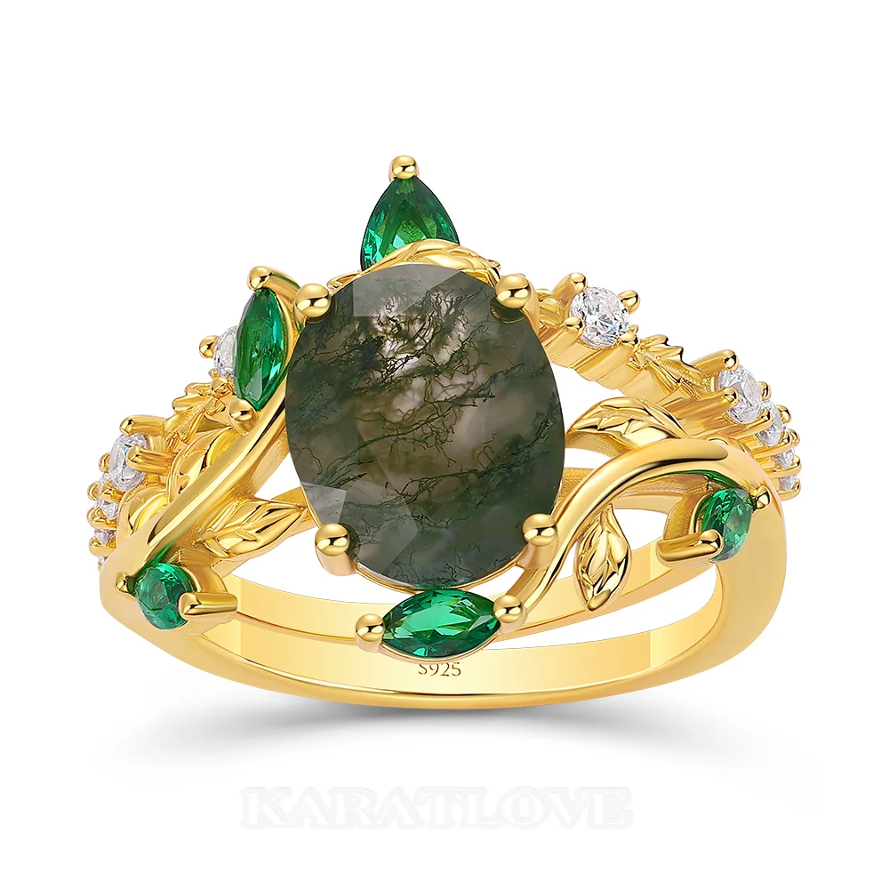 Oval Cut Green Moss Agate Nature Inspired Sterling Silver Yellow Gold Bridal Ring Set