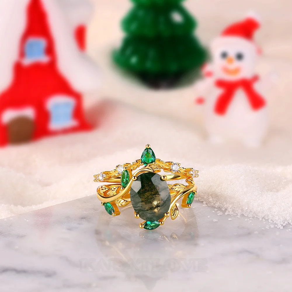 Oval Cut Green Moss Agate Nature Inspired Sterling Silver Yellow Gold Bridal Ring Set