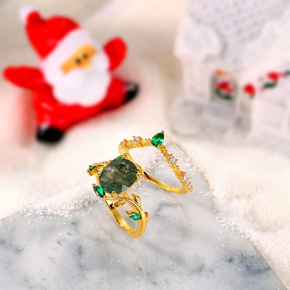 Oval Cut Green Moss Agate Nature Inspired Sterling Silver Yellow Gold Bridal Ring Set