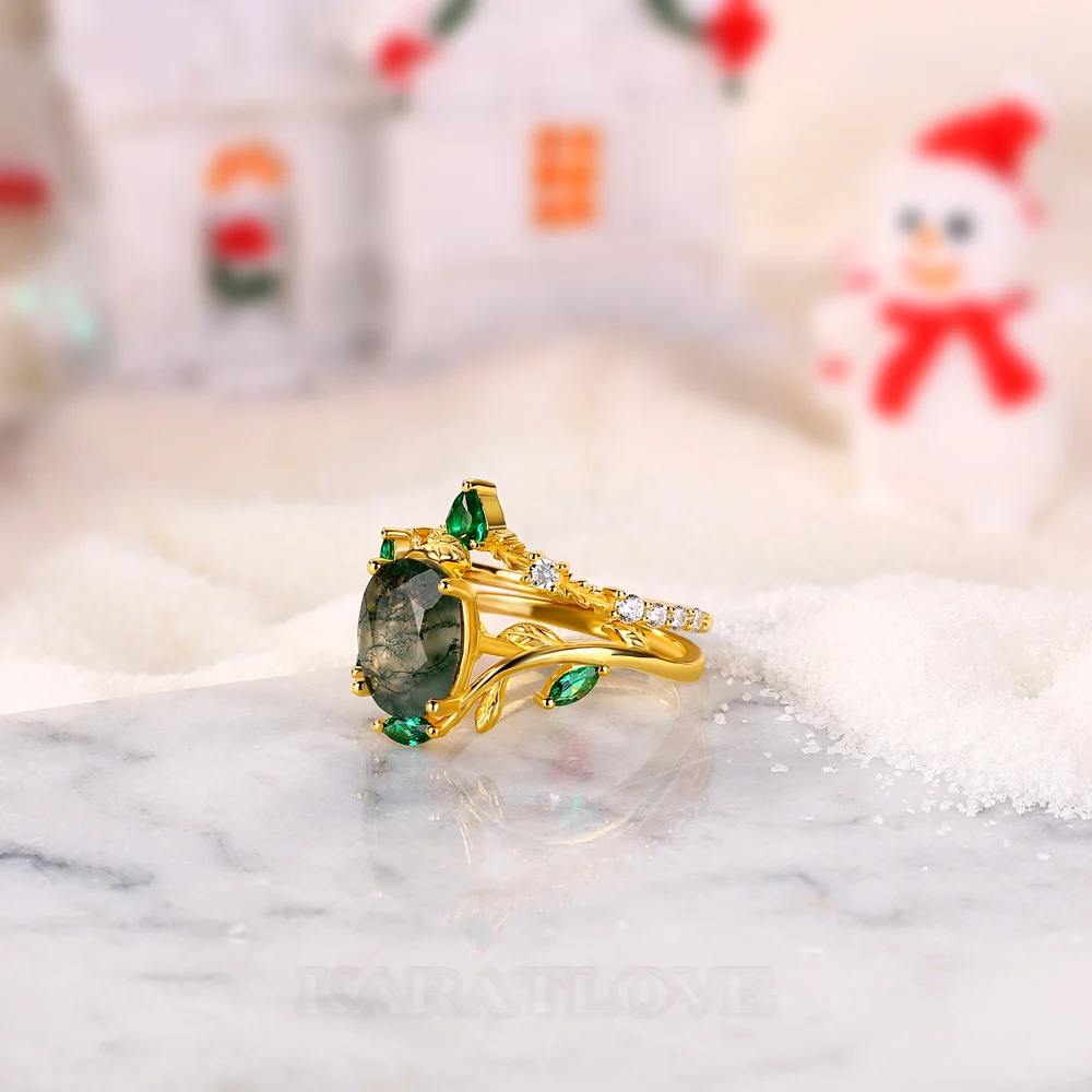 Oval Cut Green Moss Agate Nature Inspired Sterling Silver Yellow Gold Bridal Ring Set