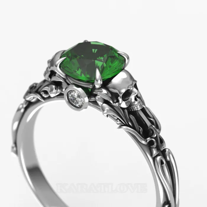 Round Cut Emerald Green 925 Sterling Silver Skull Ring Round Cut Emerald Green 925 Sterling Silver Skull Ring