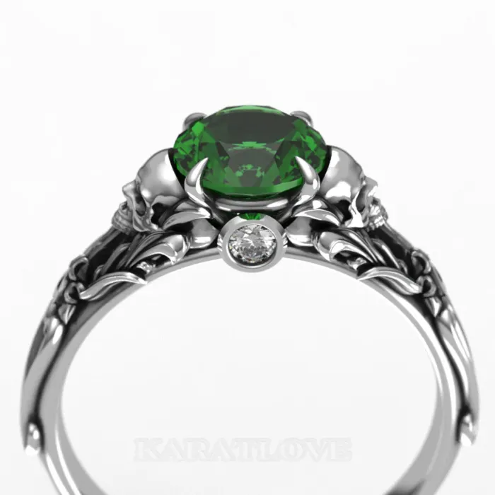 Round Cut Emerald Green 925 Sterling Silver Skull Ring