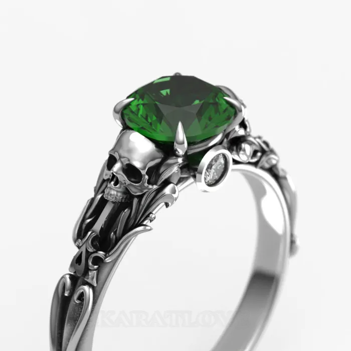 Round Cut Emerald Green 925 Sterling Silver Skull Ring