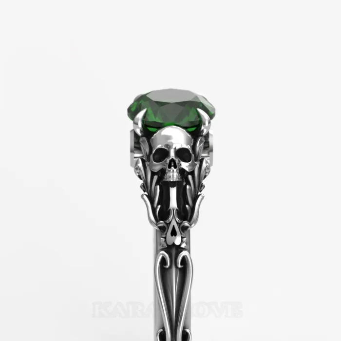 Round Cut Emerald Green 925 Sterling Silver Skull Ring