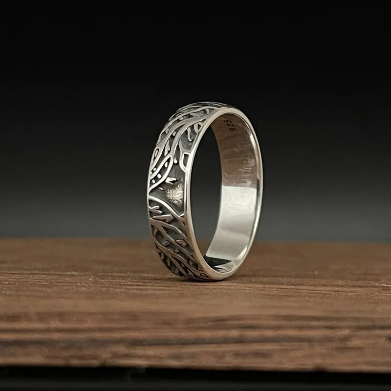 Oxidized Tree Branch Band Ring in 925 Sterling Silver