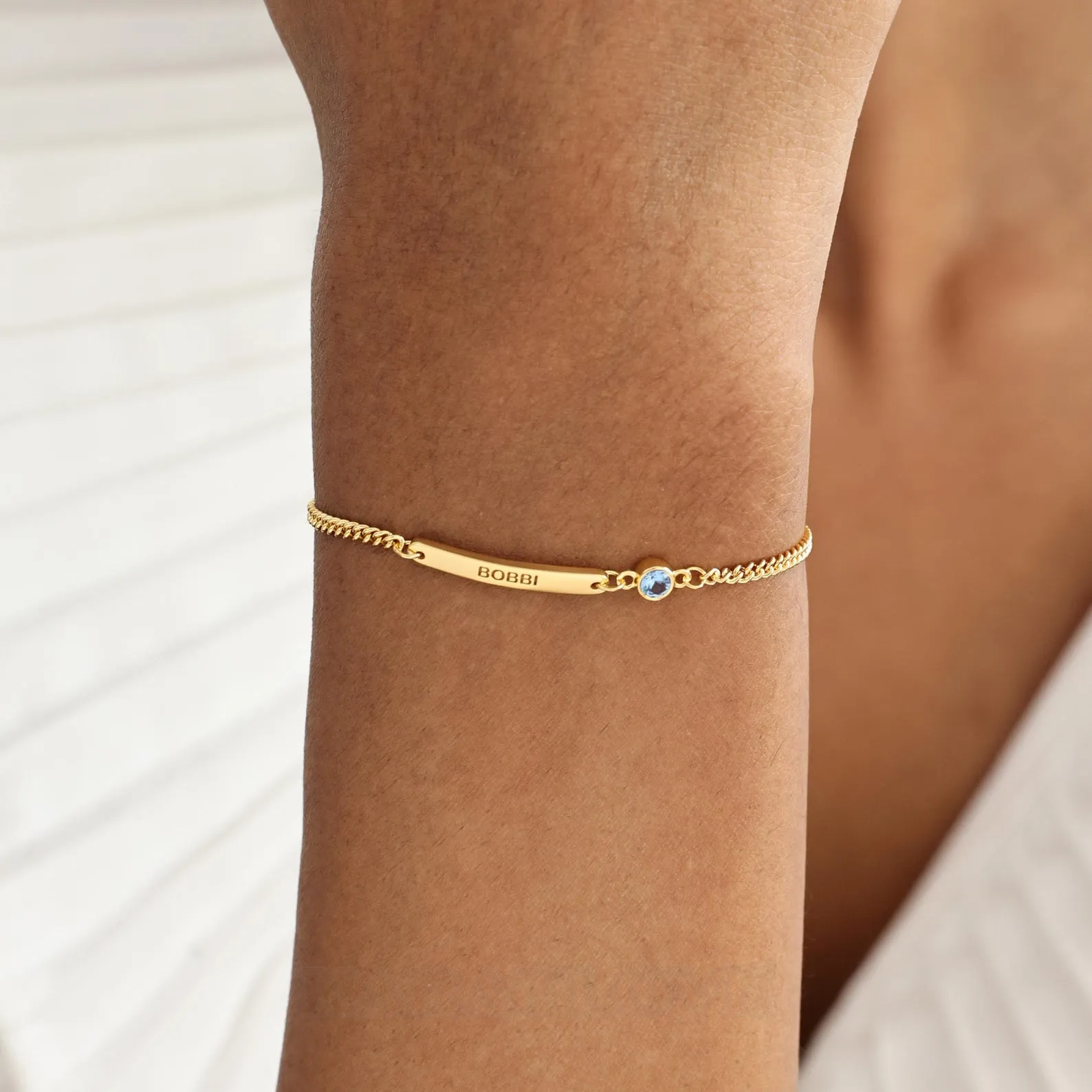 Round Cut Sterling Silver Family Personalized Birthstone Engraved Bar Bracelet Gift