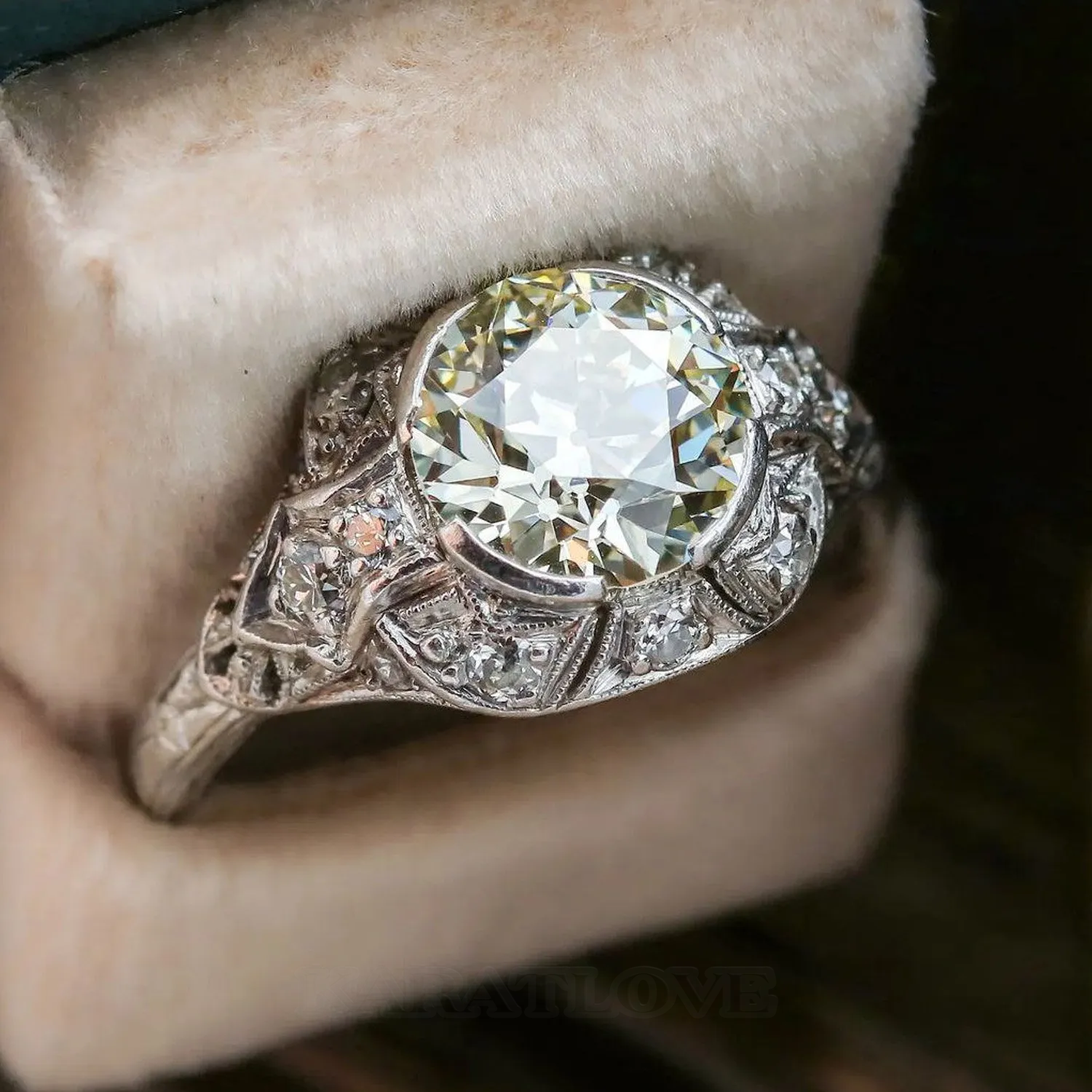 Round Cut Diamond White Halo Art Deco Engagement Ring in 925 Sterling Silver