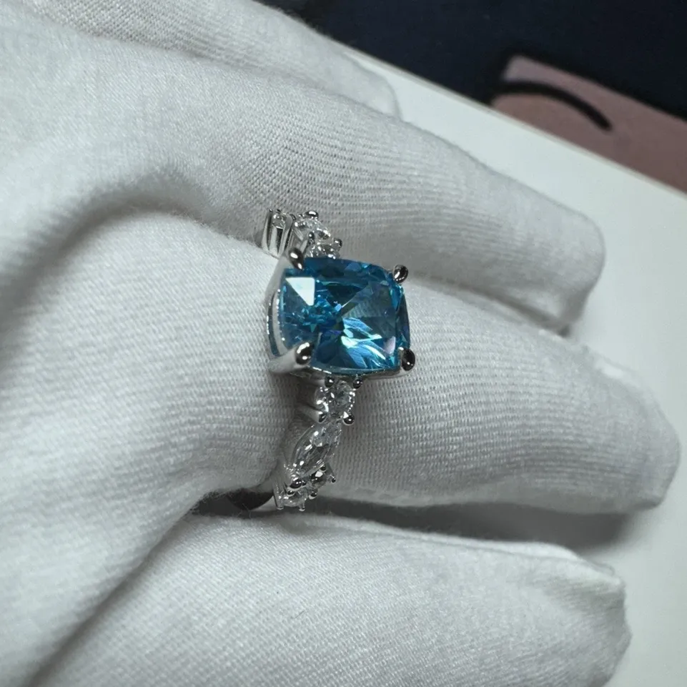 Radiant Cut Aquamarine Blue 925 Sterling Silver Engagement Ring