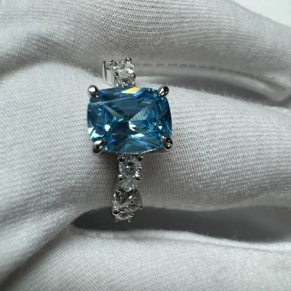 Radiant Cut Aquamarine Blue 925 Sterling Silver Engagement Ring