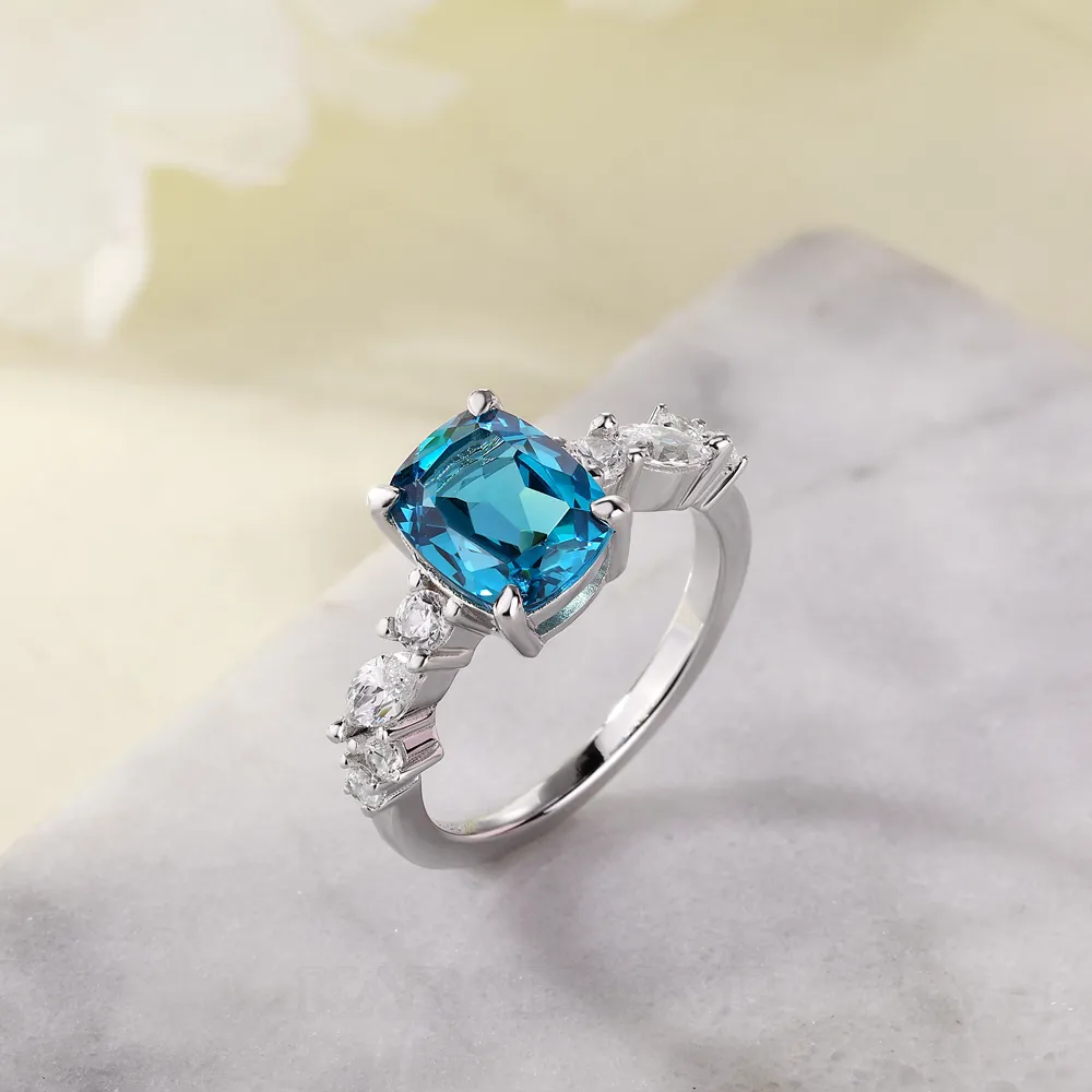 Radiant Cut Aquamarine Blue 925 Sterling Silver Engagement Ring