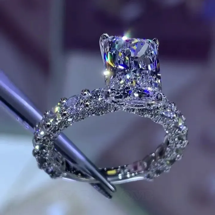 Radiant Cut Diamond White Art Deco Engagement Ring in 925 Sterling Silver