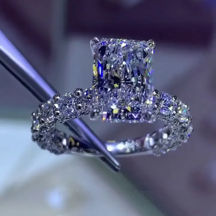 Radiant Cut Diamond White Art Deco Engagement Ring in 925 Sterling Silver