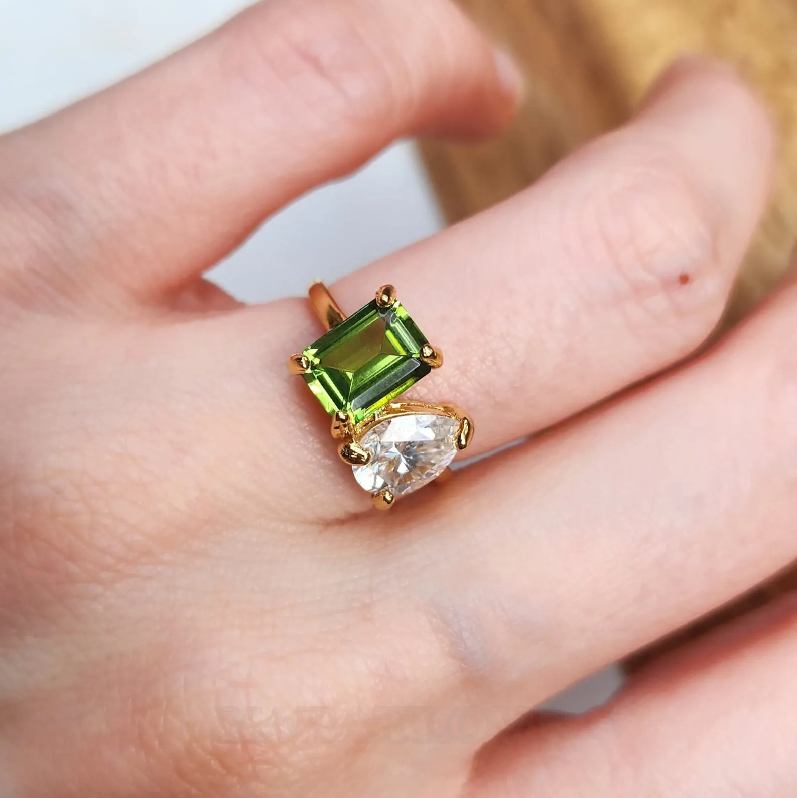 Pear and Emerald Cut Sterling Silver Two Stone Personalized Family Birthstone Mother Daughter Ring