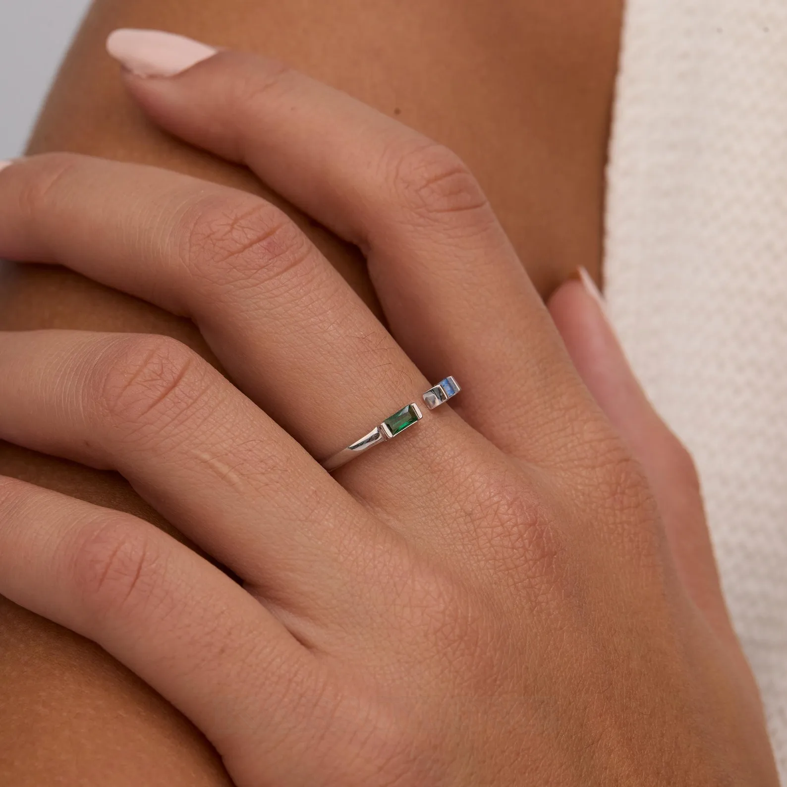Baguette Cut Sterling Silver Two Stone Family Personalized Birthstone Mother Daughter Ring