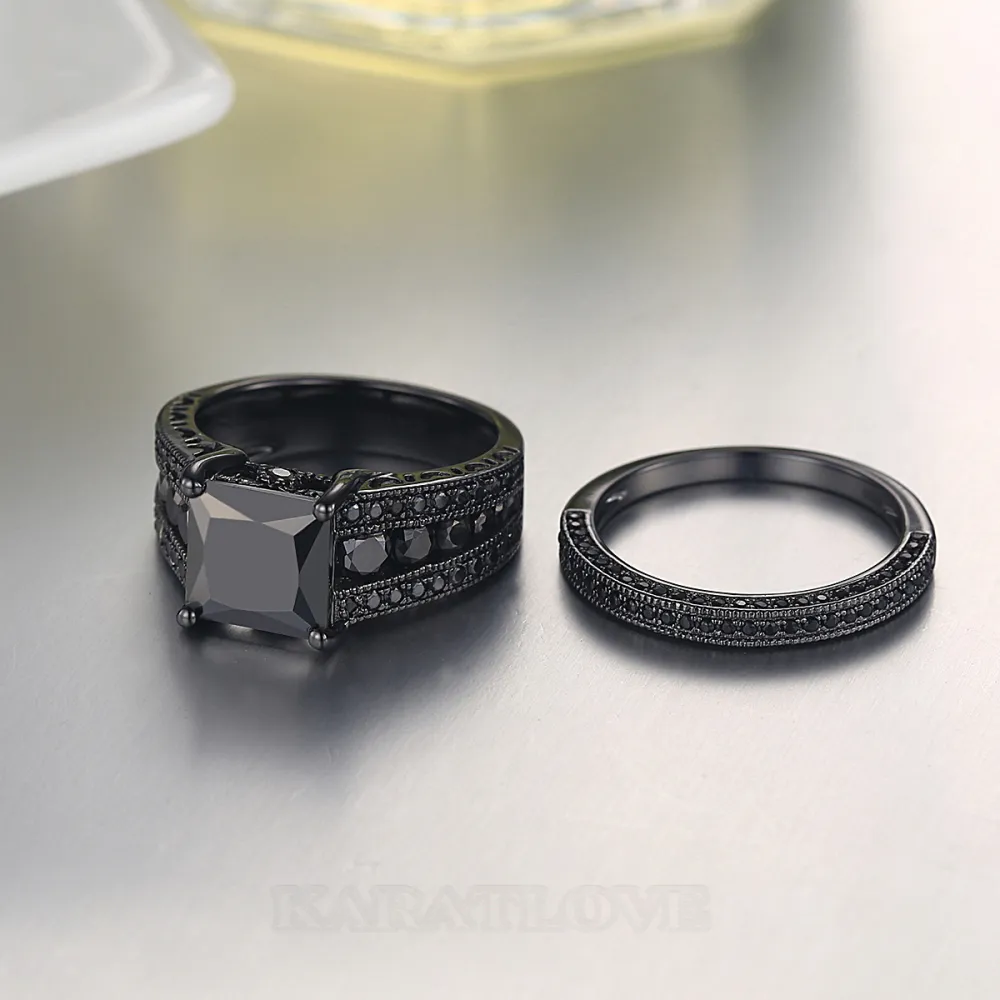 Fancy Black Princess Cut Bridal Sets in Black Sterling Silver