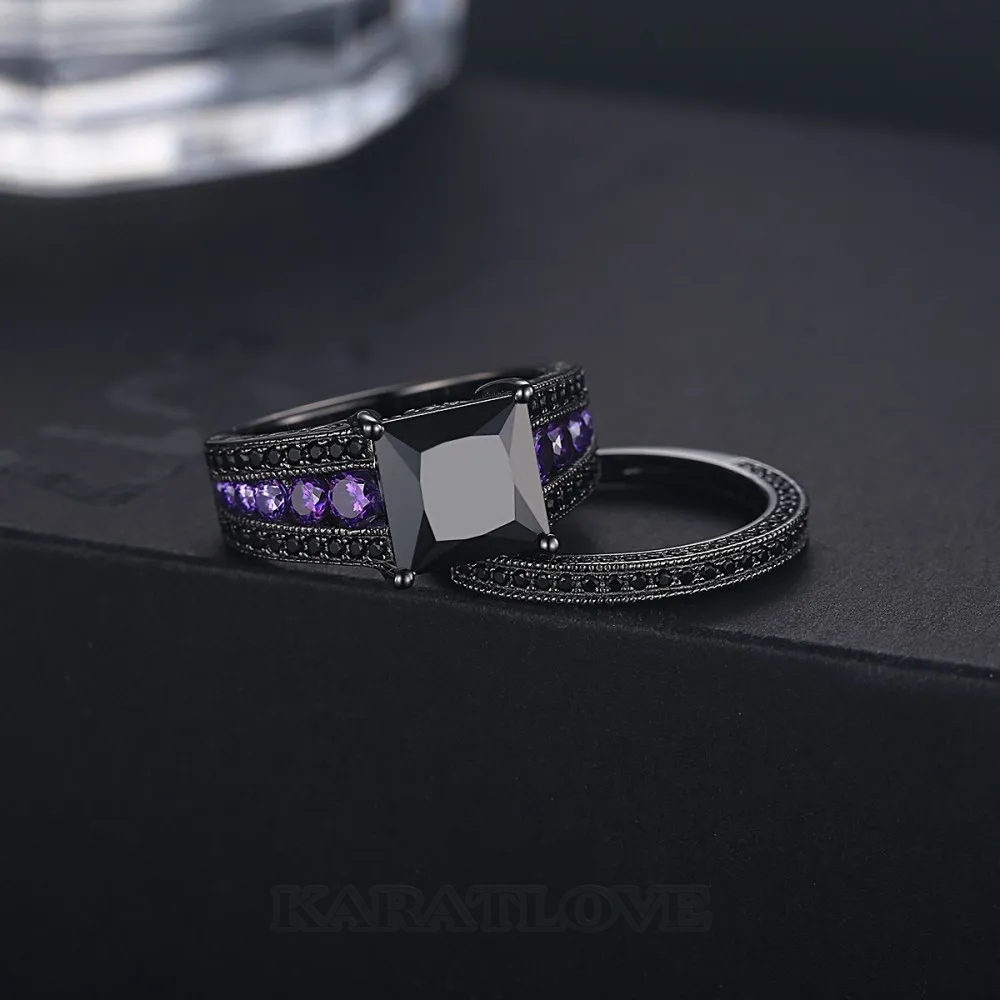 Princess Cut Fancy Black Sterling Silver Bridal Ring Set Princess Cut Fancy Black Sterling Silver Bridal Ring Set