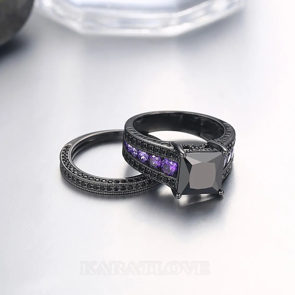 Princess Cut Fancy Black Sterling Silver Bridal Ring Set