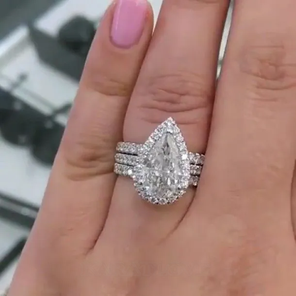 Pear Cut Diamond White 3-Piece Halo Bridal Sets in 925 Sterling Silver