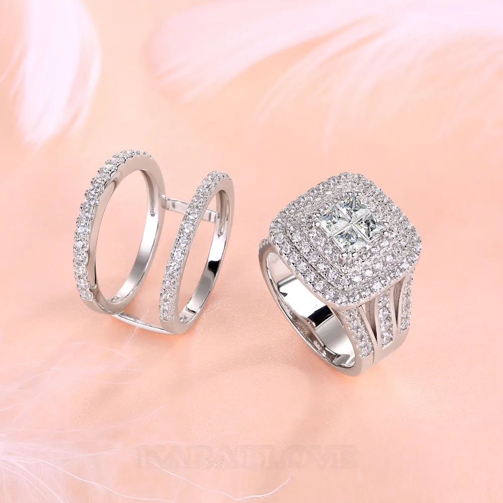 Princess Cut Diamond White Halo Insert Bridal Sets in 925 Sterling Silver Princess Cut Diamond White Halo Insert Bridal Sets in 925 Sterling Silver