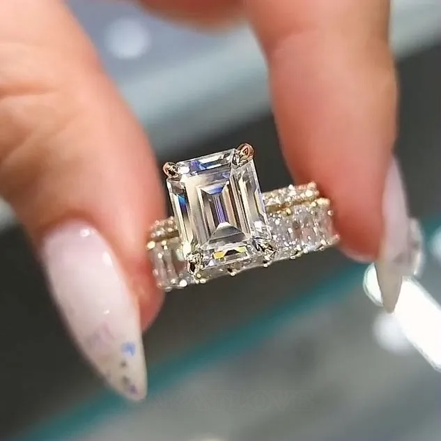 Emerald Cut Diamond White Yellow Gold Classic Ring Sets in 925 Sterling Silver Emerald Cut Diamond White Yellow Gold Classic Ring Sets in 925 Sterling Silver