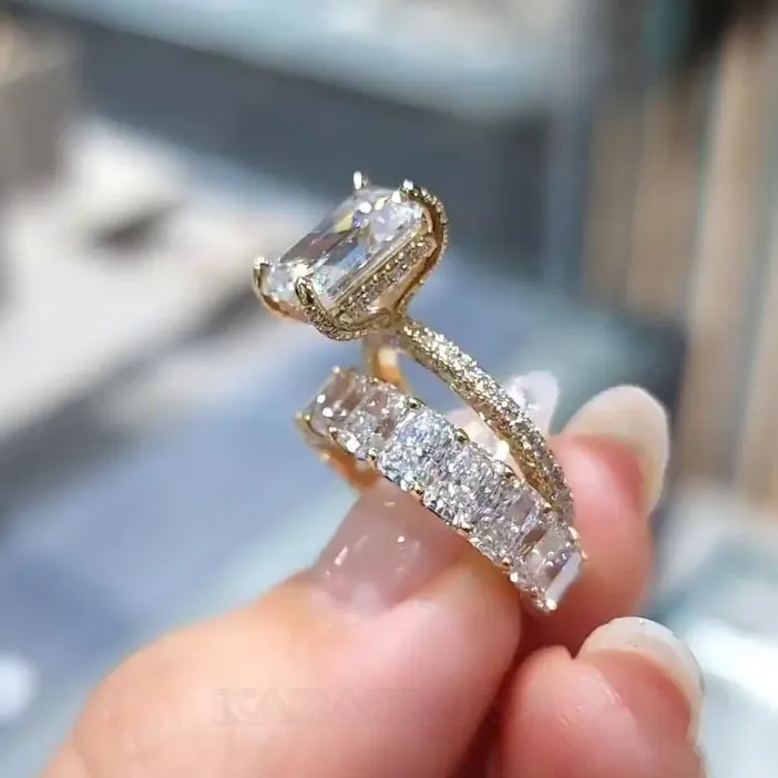 Emerald Cut Diamond White Yellow Gold Classic Ring Sets in 925 Sterling Silver