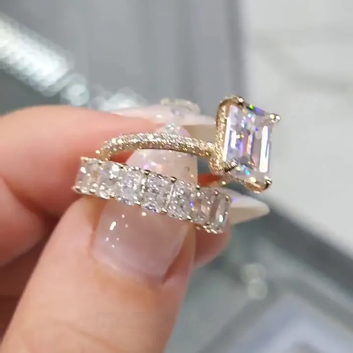Emerald Cut Diamond White Yellow Gold Classic Ring Sets in 925 Sterling Silver