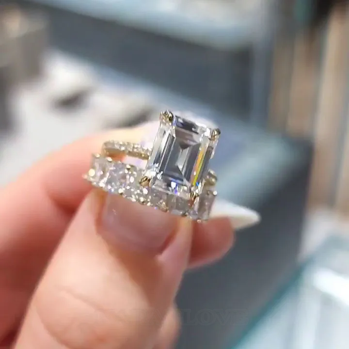 Emerald Cut Diamond White Yellow Gold Classic Ring Sets in 925 Sterling Silver