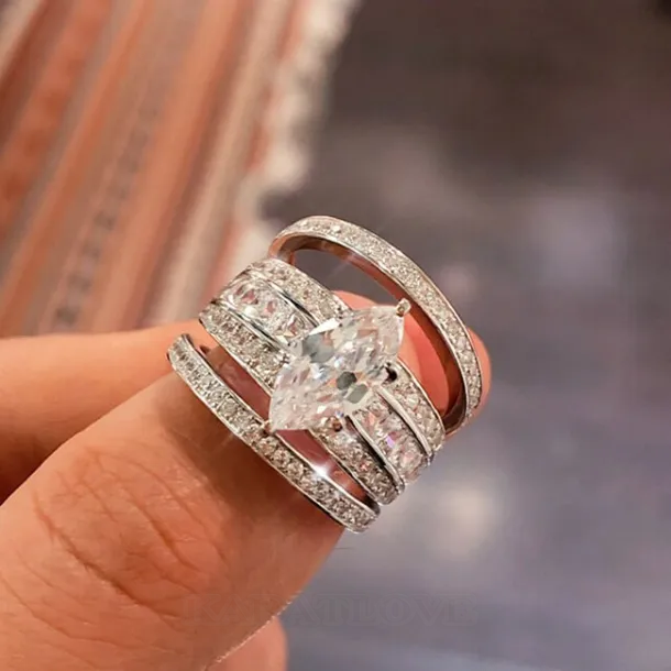 Marquise Cut Diamond White 925 Sterling Silver 3-Piece Bridal Sets Marquise Cut Diamond White 925 Sterling Silver 3-Piece Bridal Sets